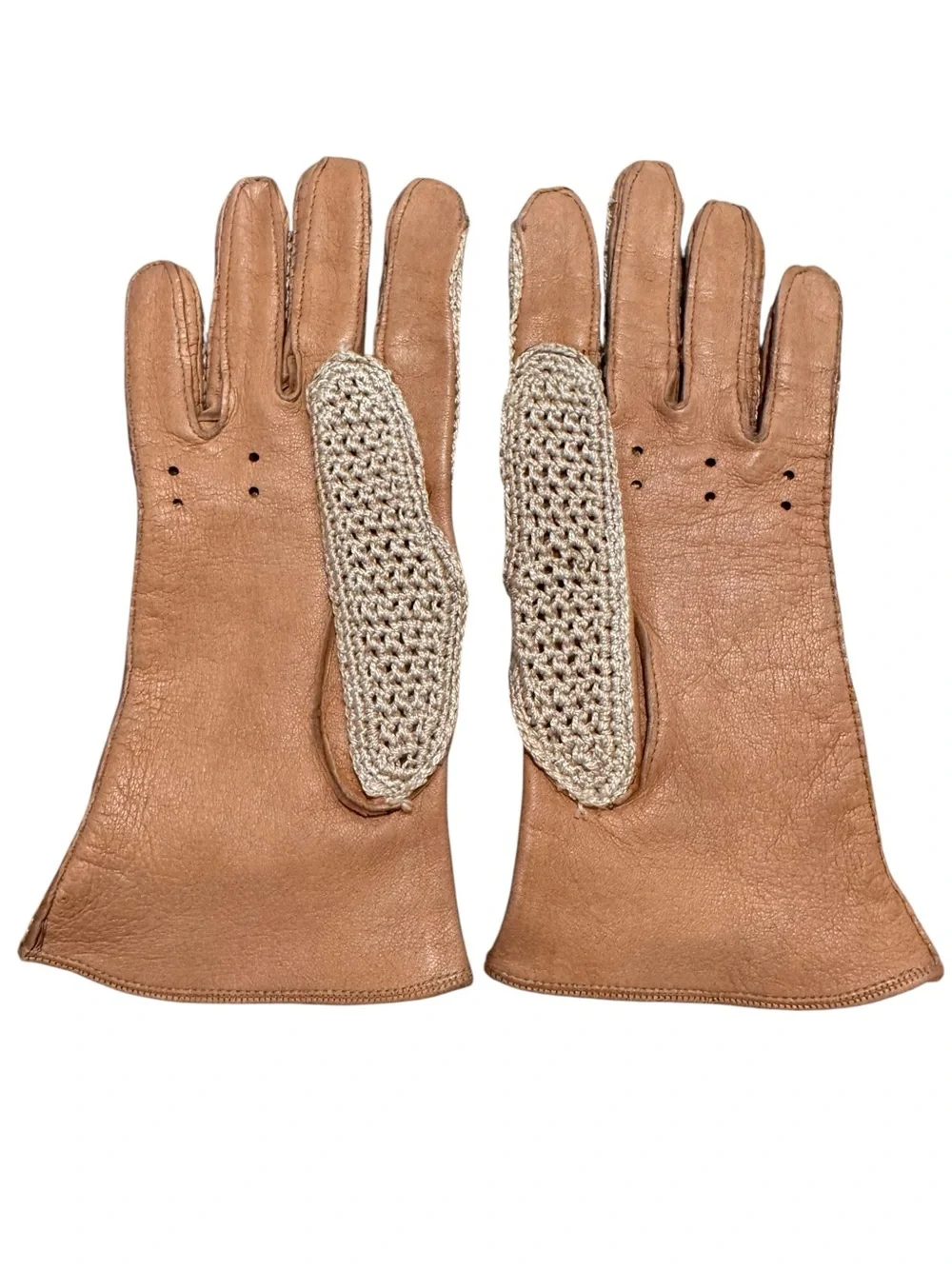 Vintage Crochet Leather Unlined Gloves Size 6.5 Italy Beige Tan Driving Riding